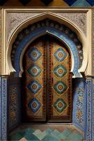 simétrico marroquino azulejos e portas generativo ai foto