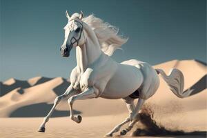 a galopando branco cavalo em deserto fundo. generativo ai foto