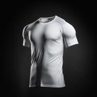 em branco branco camiseta maquete, fechar acima branco esporte camiseta em Sombrio fundo , generativo ai foto