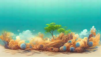 tropical ilha com azul oceano e areia, peixe, Palma árvore, ondas. 3d ilustração viagem e Férias. generativo ai foto