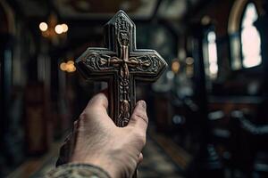 Igreja sacerdote detém religioso Cruz dentro mãos. generativo ai foto