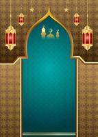 eid Mubarak eid al-adha cobrir cartão, desenhado mesquita noite Visão a partir de arco. árabe Projeto fundo. escrito a mão cumprimento cartão. vetor ilustração foto
