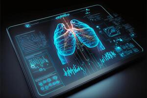 cuidados de saúde holograma exibição em digital tábua, médico tecnologia conceito. generativo ai foto