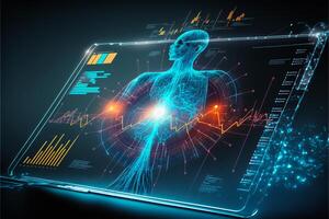 cuidados de saúde holograma exibição em digital tábua, médico tecnologia conceito. generativo ai foto