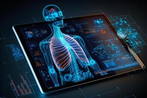 cuidados de saúde holograma exibição em digital tábua, médico tecnologia conceito. generativo ai foto