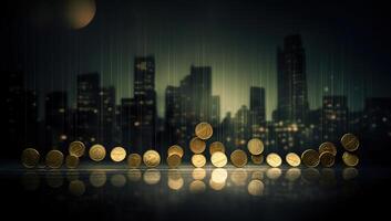 cidade luzes cintilar atrás imponente moeda pilhas, simbolizando riqueza e finança. generativo ai foto