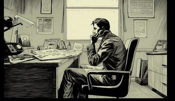 desenho animado imagem do uma homem de negocios sentado às dele escritório mesa, falando em a telefone, levando notas ou assinatura documentos, representando uma ocupado trabalhos ambiente. foto