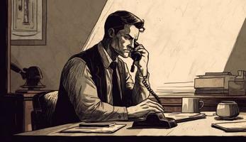 desenho animado imagem do uma homem de negocios sentado às dele escritório mesa, falando em a telefone, levando notas ou assinatura documentos, representando uma ocupado trabalhos ambiente. foto