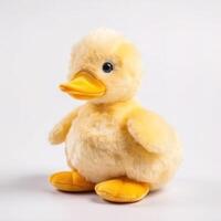 fofa amarelo Pato animal pelúcia brinquedo branco fundo animal boneca com generativo ai foto