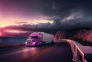 frete transporte caminhão em a estrada às pôr do sol, generativo ai foto