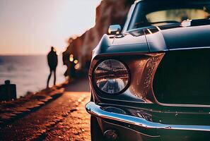 vintage carros estacionado dentro a costeiro estrada com a mar dentro a fundo. generativo ai foto