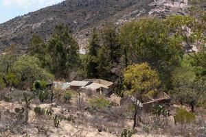 a abandonado rural casa dentro a montanhas com cacto foto