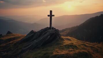 uma de madeira Cruz em a topo do montanha . ai gerado obra de arte foto