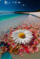 branco flor sentado em topo do uma arenoso de praia. generativo ai. foto