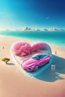 Rosa carro sentado em topo do uma arenoso de praia. generativo ai. foto