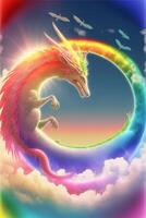 arco Iris colori Dragão vôo através uma nublado céu. generativo ai. foto