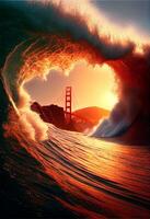 ampla onda dentro a oceano com uma dourado portão ponte dentro a fundo. generativo ai. foto