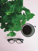 uma xícara de café com copos e planta de folha verde foto