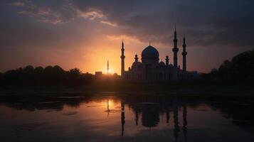 ai generativo mesquitas cúpula silhueta em Sombrio ouro crepúsculo céu dentro noite com crescente lua em pôr do sol. árabe, eid al-adha, mubarak muçulmano conceito foto
