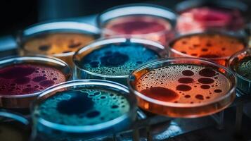 multicolorido bactérias e vírus células dentro petri prato às científico laboratório. mofo cultura pda ágar. experimental para bioquímica, biotecnologia, biologia Ciência laboratório. generativo ai foto