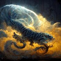 uma tigre brigando uma Dragão realista. generativo ai foto