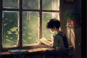 pequeno Garoto sentado em uma janela peitoril lendo uma livro. generativo ai. foto