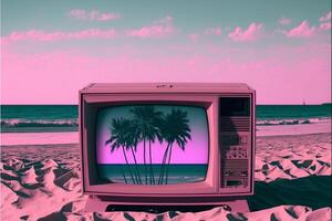 televisão sentado em topo do uma arenoso de praia. generativo ai. foto