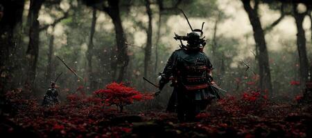 samurai em pé dentro a meio do uma floresta. generativo ai. foto