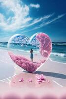 pessoa em pé em uma de praia Próximo para uma coração em forma objeto. generativo ai. foto