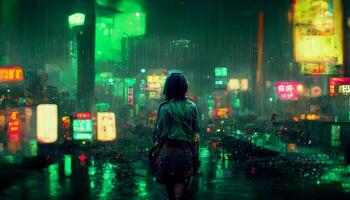 mulher em pé dentro a chuva dentro uma cidade às noite. generativo ai. foto