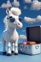 branco cavalo vestindo oculos de sol em pé Próximo para uma mala. generativo ai. foto