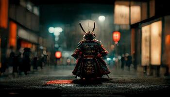 samurai em pé dentro a meio do uma rua às noite. generativo ai. foto