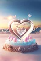 coração em forma bolo sentado em topo do uma neve coberto chão. generativo ai. foto