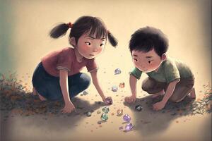 pintura do uma Garoto e uma menina jogando com pedras. generativo ai. foto