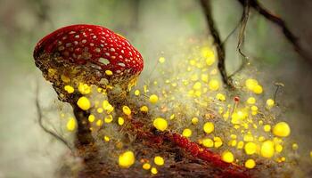 excepcional amanita muscaria brilhando vermelho topo cogumelo liberando esporos amarelo floresta. generativo ai foto