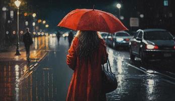 ilustração pintura do mulher vermelho camisa com vermelho guarda-chuva cruzando a rua, chuvoso noite, gerar ai foto