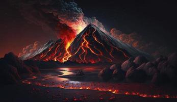 ilustração pintura do noite panorama com vulcão e queimando lava. vulcão erupção, fantasia panorama. 3d ilustração, gerar ai foto