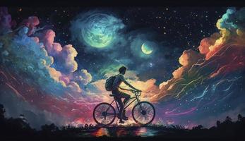 ilustração pintura do amor equitação em bicicleta contra noite céu com colorida nuvens, digital arte estilo, gerar ai foto