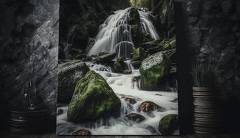 cascata panorama com pedras coberto dentro verde musgo, gerar ai foto