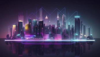 inteligente cidade e grande dados conceito. futurista paisagem urbana às noite com néon cores. cidade a infraestrutura holograma. criada com generativo ai foto