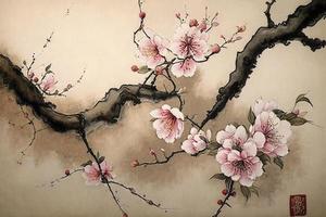 chinês panorama pintura cereja Flor impressão arte, japonês pintura cereja florescer, tinta inverno doce, ilustração, aguarela pintura, chinês cultura, aguarela tintas, gerar ai foto