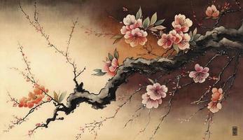 chinês panorama pintura cereja Flor impressão arte, japonês pintura cereja florescer, tinta inverno doce, ilustração, aguarela pintura, chinês cultura, aguarela tintas, gerar ai foto