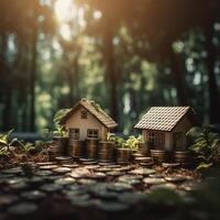 ai generativo casa modelo e moeda pilha em de madeira mesa com bokeh fundo , salvando dinheiro para Comprar uma casa conceito. foto