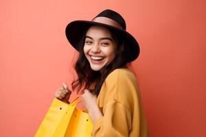 ai generativo feliz jovem mulher dentro amarelo casaco segurando compras bolsas isolado em amarelo fundo foto