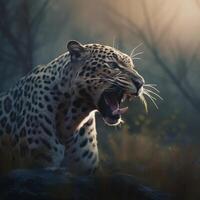 fechar acima do leopardo rugindo dentro a floresta generativo ai foto