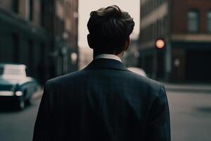 ai generativo costas Visão do jovem homem de negocios dentro terno olhando longe enquanto caminhando em rua foto