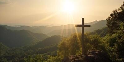 Cruz em topo do uma montanha dentro ensolarado dia generativo ai foto