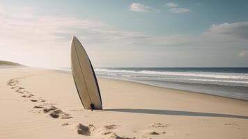 prancha de surfe em a esvaziar selvagem de praia generativo ai foto