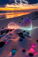 casal do vidro corações sentado em topo do uma arenoso de praia. generativo ai. foto