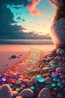 pintura do pedras e uma arco Iris em uma de praia. generativo ai. foto